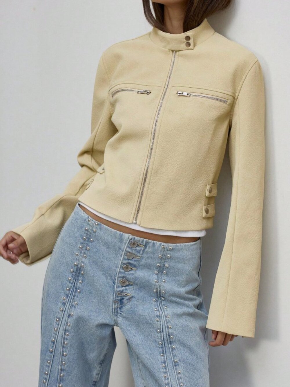Light Yellow Casual Women's Funnel Neck Side Jacket